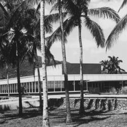 A black and white photograph of the IRRI building