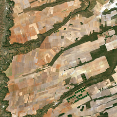 European Space Agency Sentinel 2A image of Brazilian farms from space. From ESA: "Here we can see a large, flat plateau blanked with fields benefiting from rich soils and an apparent abundance of water, before falling off into a green, hilly valley (left)