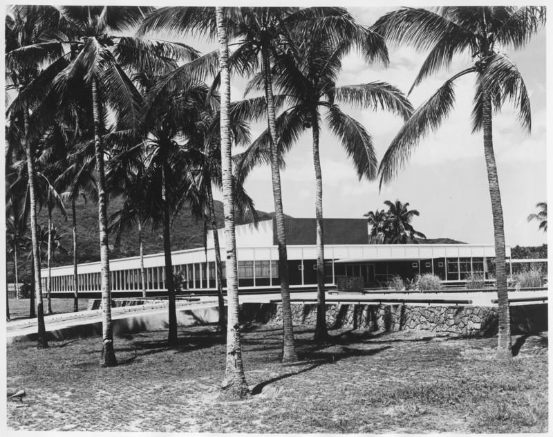 A black and white photograph of the IRRI building